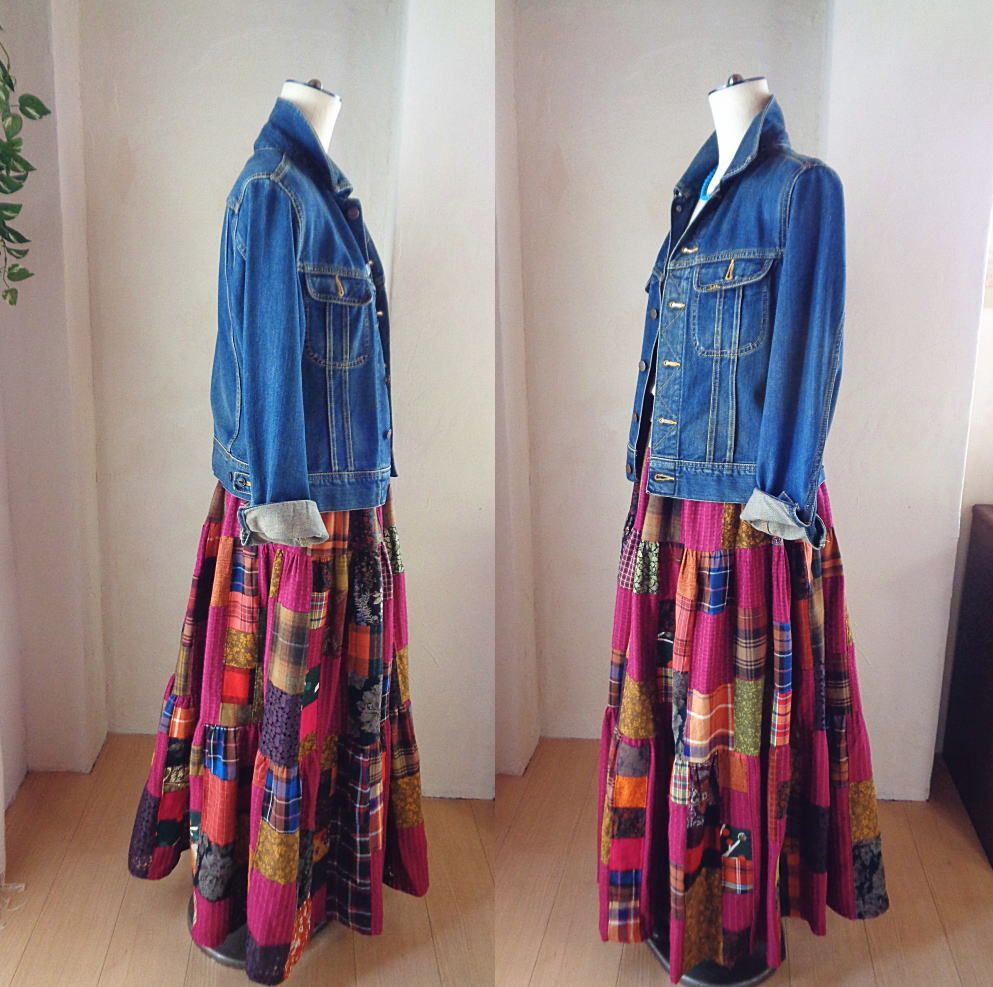 モードスタイル 絵画なパッチワーク Heart マゼンタピンク ボリュームティアードギャザースカート マキシ丈