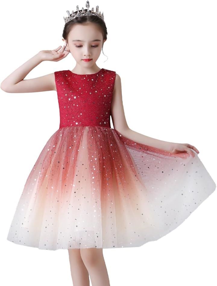nightbaby 子供ドレス ピアノ発表会 女の子 フォーマル グラデーション スパンコール 星 ワンピース キッズ 演奏会 結婚式 パーディー コンクール プレゼント 七五三 お誕生日 記念写真(ワイン