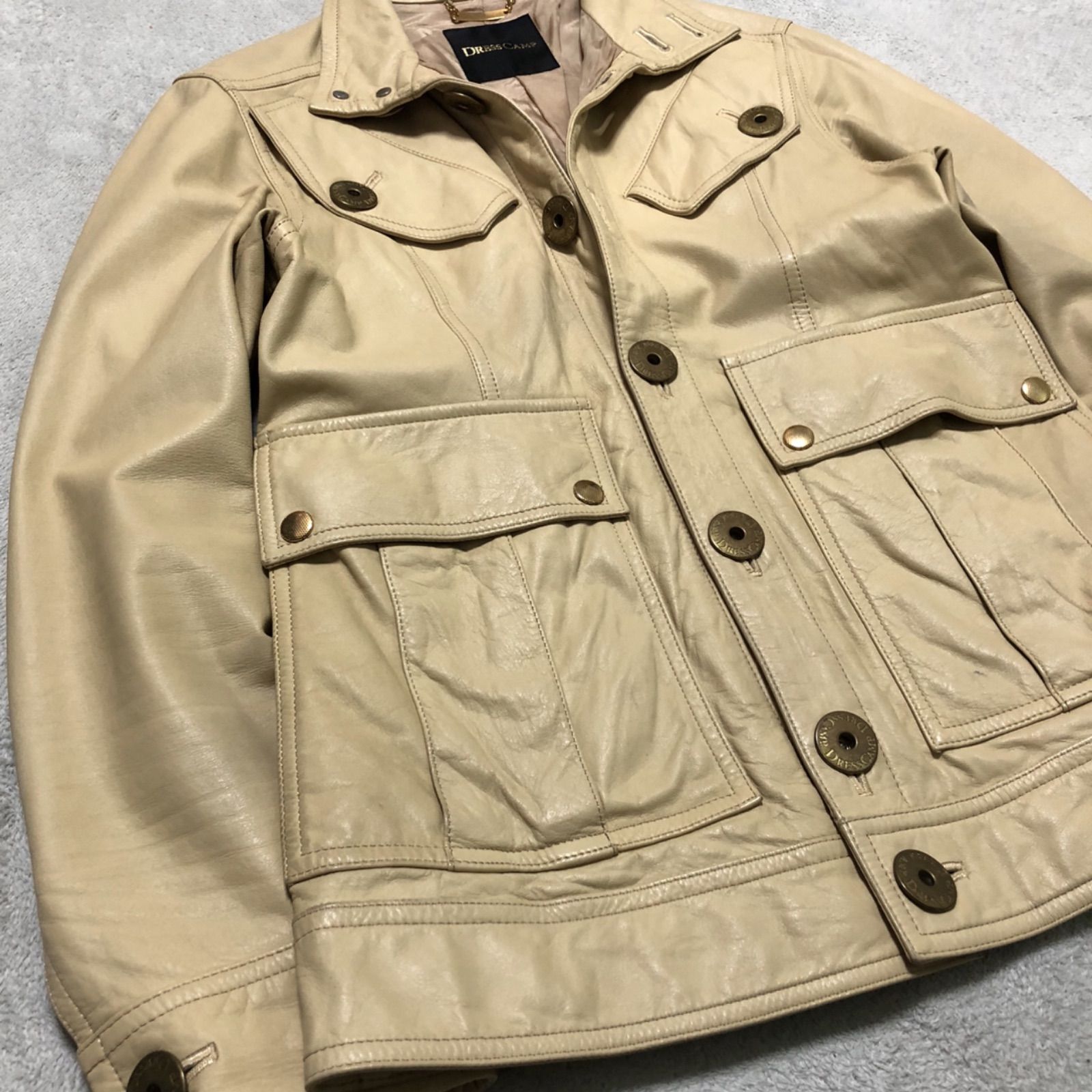 ドレスキャンプ レザージャケット サイズ46 美品 DRESSCAMP レザージャケット カーコート 牛革 メタルボタン ロゴ
