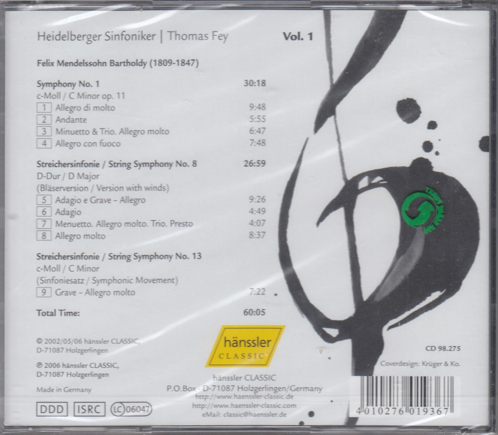 [CD/Hanssler]メンデルスゾーン:交響曲第1番ハ短調Op.11&弦楽のための交響曲第8番ニ長調&弦楽のための交響曲第13番ハ短調 ...