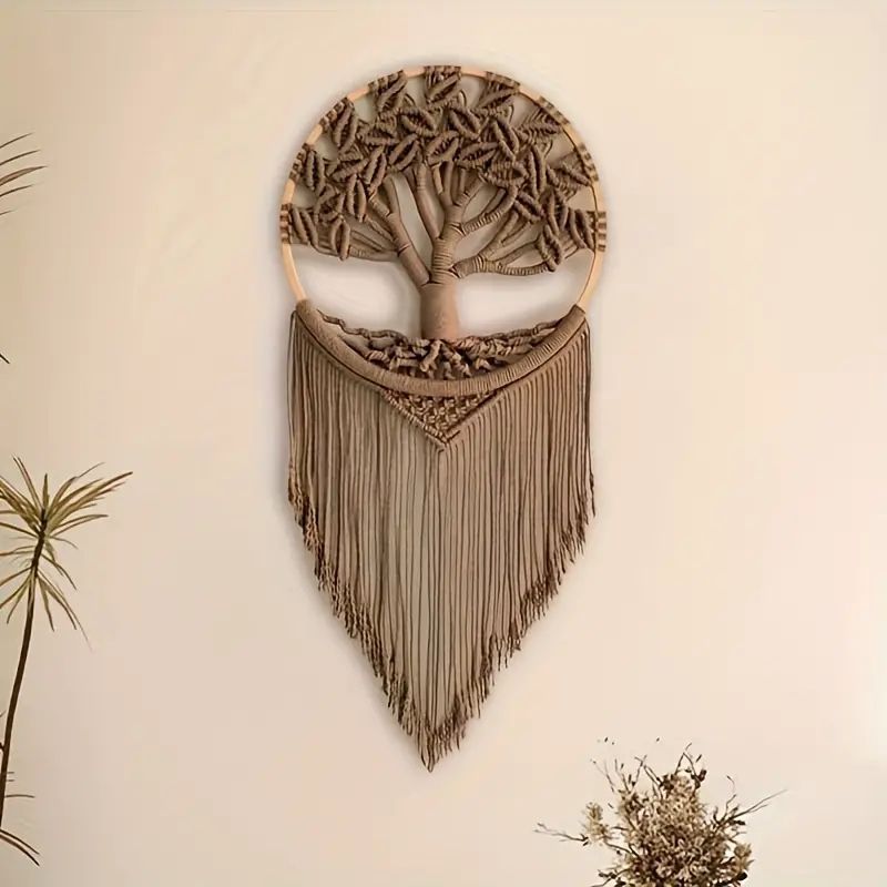 ボヘミアンシックな「生命の樹」マクラメウォールハンギング - 手作り織りのホームデコレーション、エレガントなデザインで心地よい空間を演出