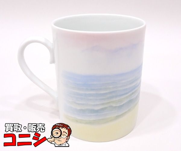 質コニシ HERMES|エルメス マグカップ-ミニプレート 2点セット 砂浜 イラスト ホワイト×ブルー 食器 き み l2127y