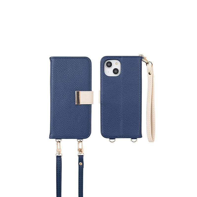 新品　MINTY iPhone14 ケース iPhone13 ケース 両機種対応 手帳型 ショルダー ストラップ バイカラー ネイビー×エクリュ