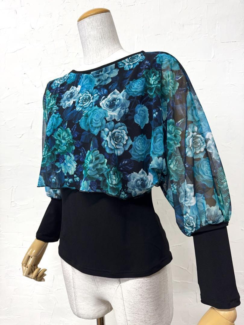 華やぎ】新品 TAKAダンス Mサイズ社交ダンスブルー花柄カットソー837