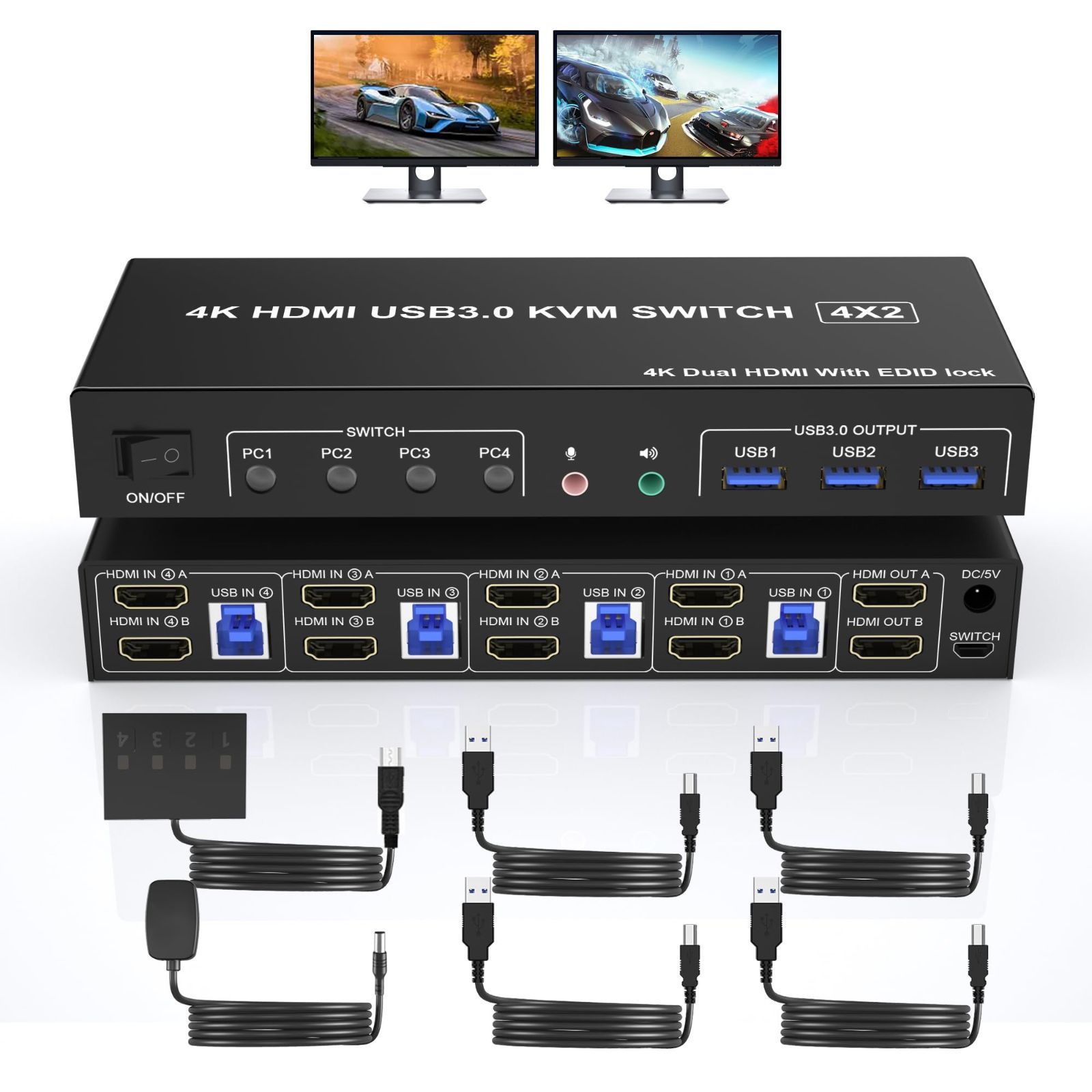 4ポートHDMI 3.0ポートを備えた4つのPC用 オーディオ出力と3つのUSB デュアルモニタースイッチ HDMI KVMスイッチ入力 4K 60Hz 4台のコンピューター 4ポート HDMIデュアルモニター EDIDエミュレーター対応 KVMス