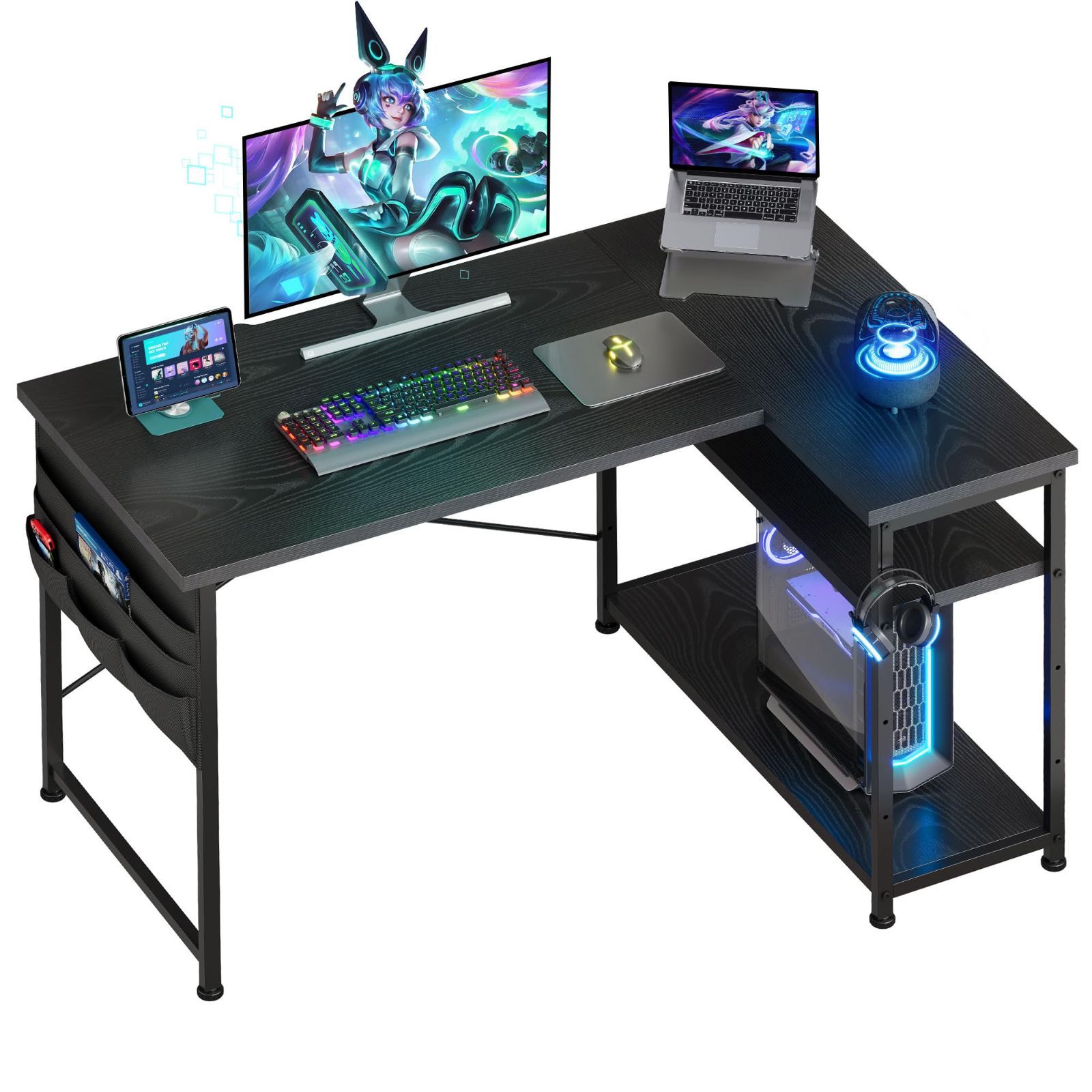 YeTom ゲーミングデスク l字デスク pcデスク 右棚左棚 幅107cm ゲーミングテーブル gaming desk 収納袋付きオフィスデスク ゲームデスク ゲーミング机 つくえ ライティングデスク 黑い