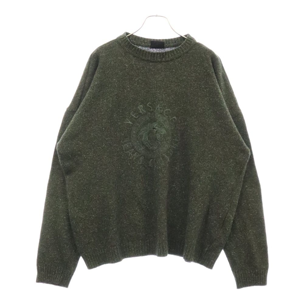VERSACE JEANS COUTURE (ヴェルサーチジーンズクチュール) 90S メデューサ ロゴ 刺繍 クルーネック ニット セーター グリーン