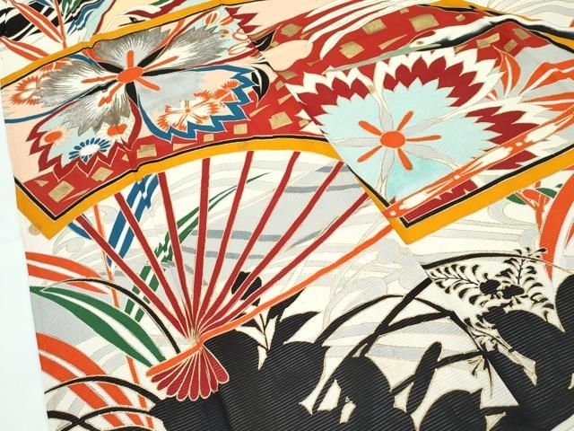 平和屋本店■希少　夏物　アンティーク　大正ロマン　振袖　絽袷　絽×絽　扇面飛鶴花文　金銀彩　逸品　CZAA3754s5 平和屋本店□希少 夏物 アンティーク 大正ロマン 振袖 絽袷 絽×絽 扇面