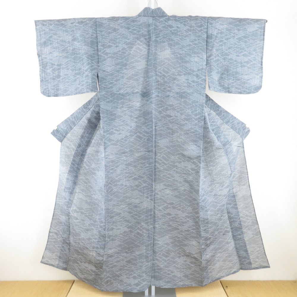 夏着物 本麻 小千谷ちぢみ 単衣 灰色 波文様 カジュアル 夏物 盛夏 浴衣 仕立て上がり 身丈153cm