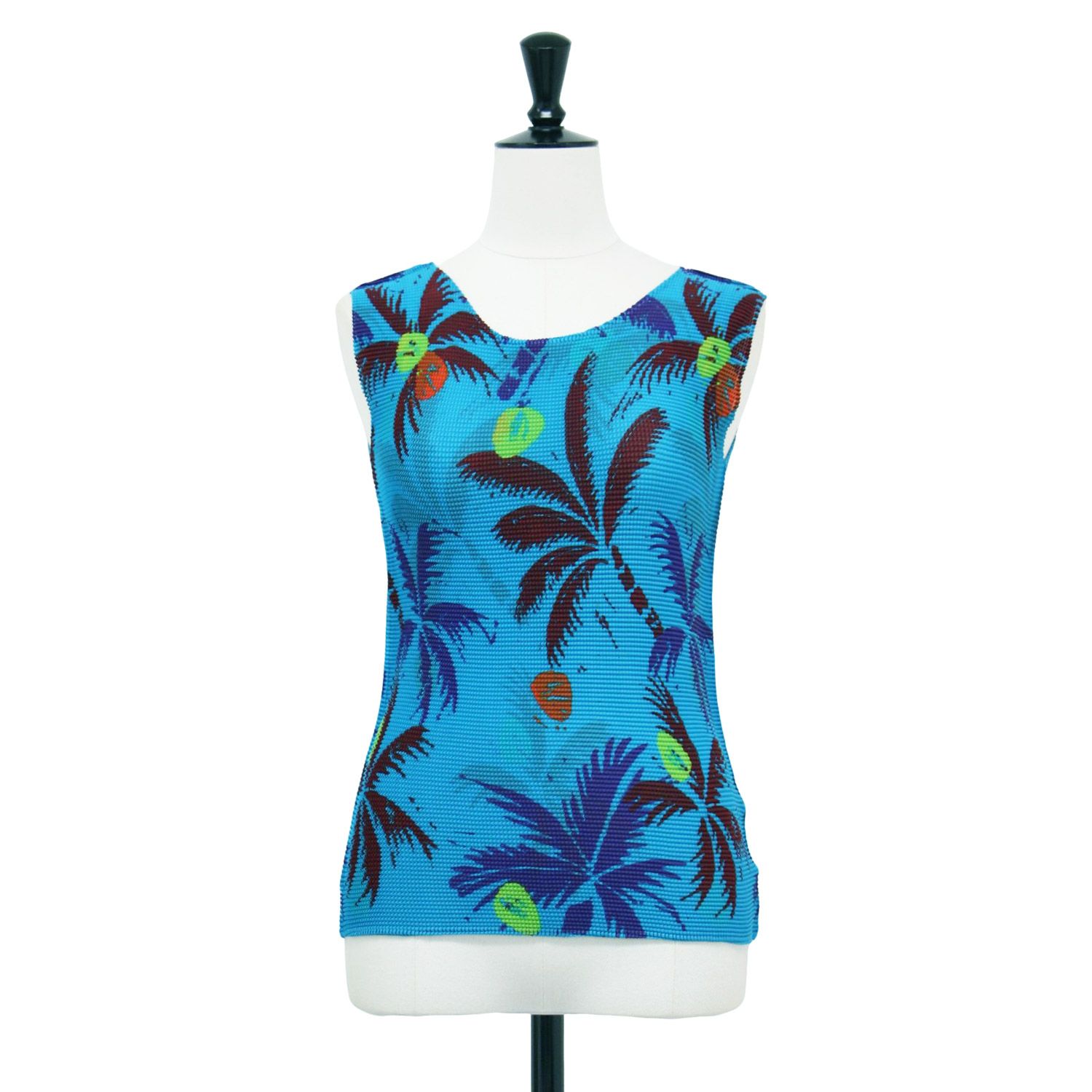 me ISSEY MIYAKE ミー イッセイミヤケ タンクトップ ブルー系 サイズ ヤシの実柄 プリーツ タンクトップ プルオーバー ブラウス ノースリーブ クルーネック トップス レディース