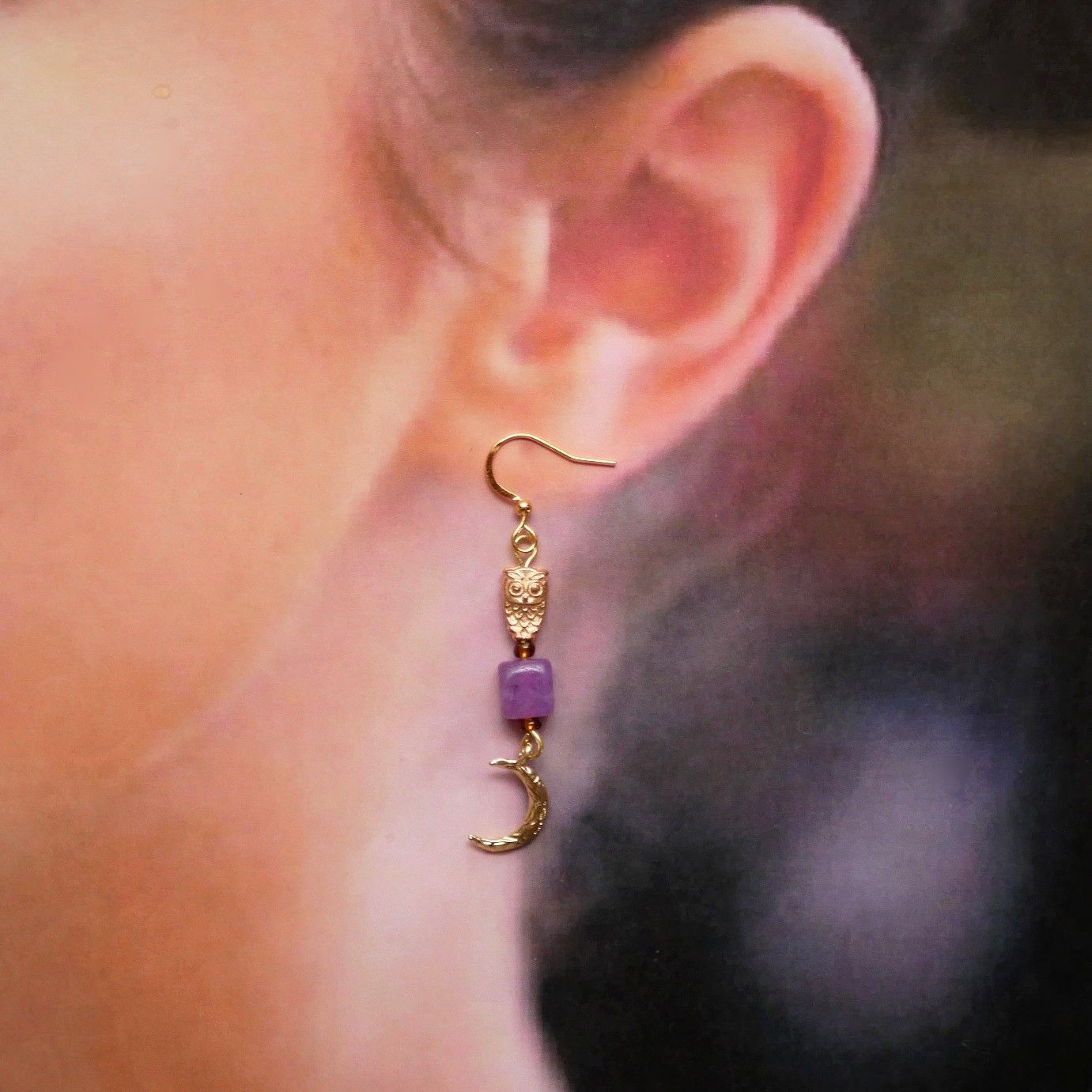 天然石 翡翠 フクロウ 三日月 ピアス イヤリング パープル ゴールド