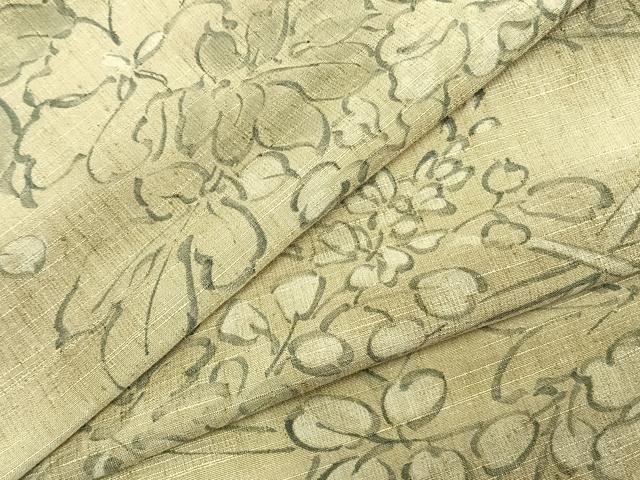 平和屋着物▽上質な紬 単衣 手描き 草花文 正絹 AABB2190fy