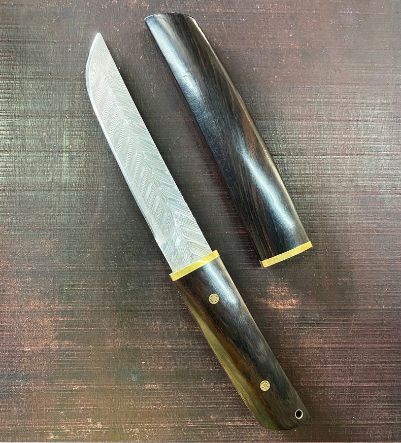 ダマスカスナイフ V金10号 和風ナイフ 御田武士 刃長160ｍm V金10号鋼 骨紋 天然黒檀ハンドル キャンプ 調理 釣り 木鞘付