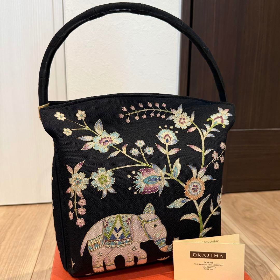 鹿革】岡重謹製 OKAJIMA 和装花柄刺繍トートバッグ ブラウン