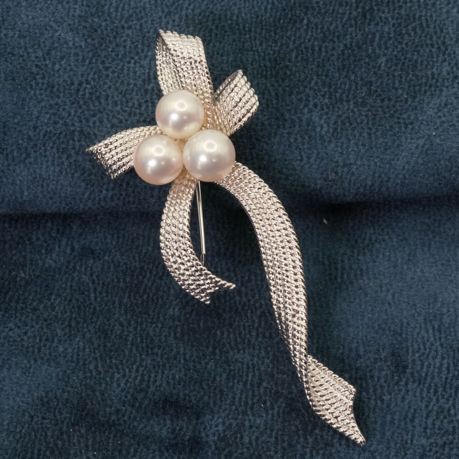 美品 田崎真珠 パール リボン ブローチ シルバー 3P アコヤ/25