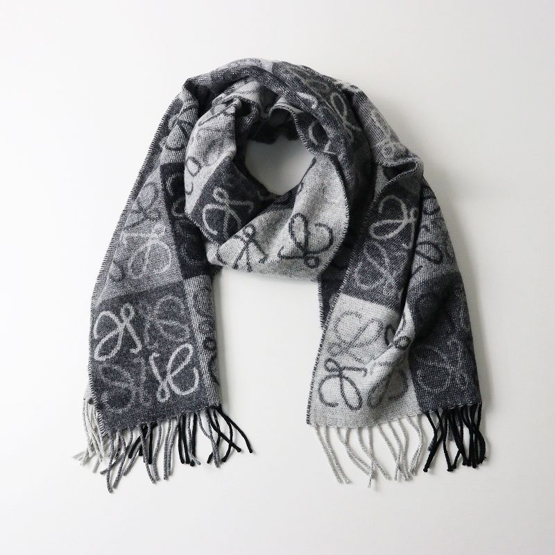 LOEWE ロエベ グレー マフラー ウール フリンジ付き 美品 ロエベ LOEWE Cashmere Wool Anagram Scarf アナグラム切替