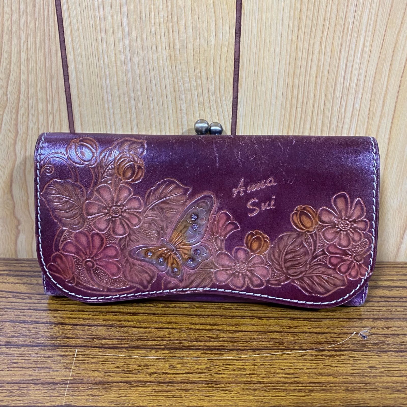 55 ANNASUI アナスイ がま口 長財布 花柄 蝶 レザー パープル 
