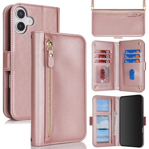 foriPhone16ケースアイホン16肩がけ首掛け斜め掛けファスナーストラップ付きショルダーケース手帳型CASEカバーSunYooカード収納横置きスタントPUレザー財布型foriPhone16ピンク