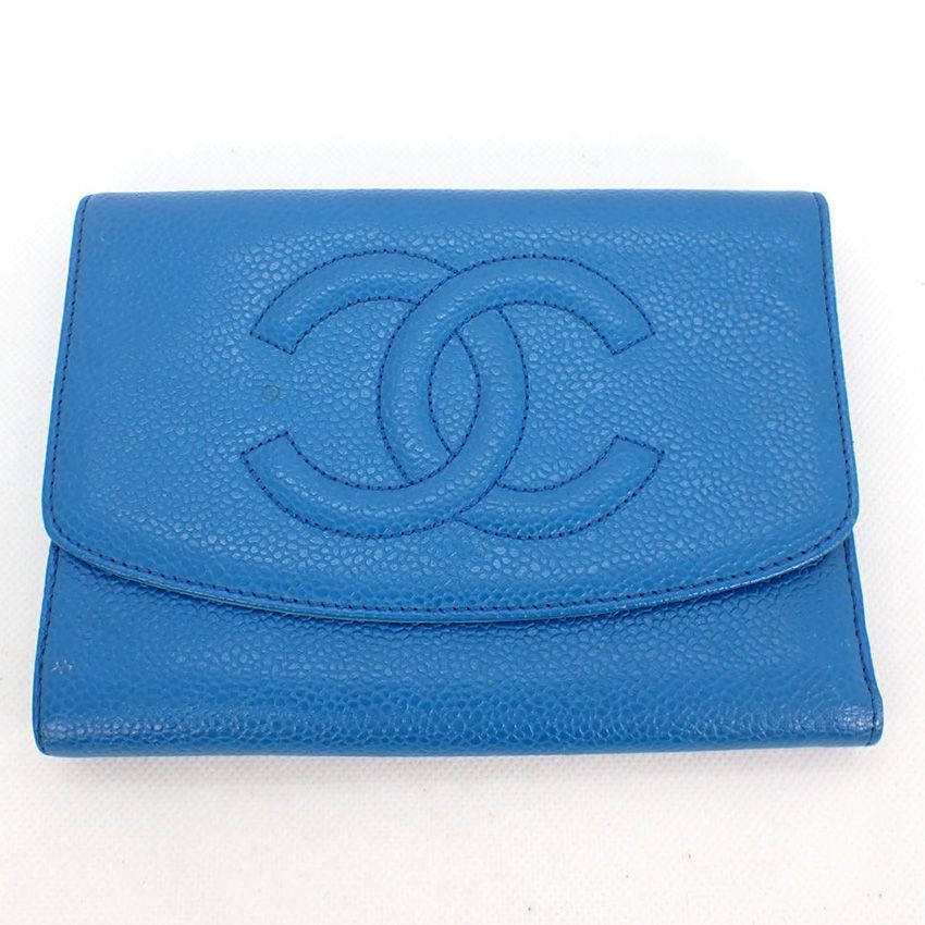 シャネル ココマーク キャビアスキン 三つ折り財布 ブルー シールあり