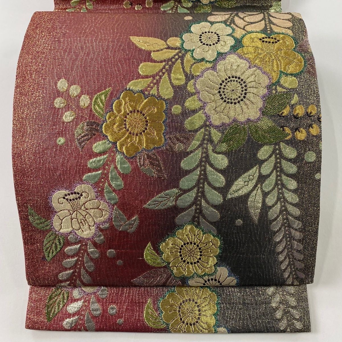 袋帯 秀品 振袖向き 辻が花柄 金糸 箔 茜色 六通 正絹 【中古
