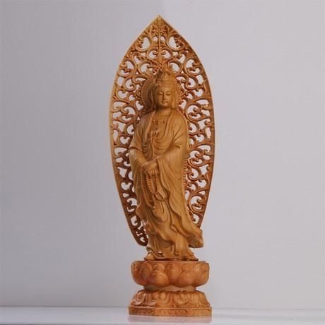 木製 仏像 彫刻 透かし彫り 透かし背景 数珠 観音像 観音菩薩 立像 木彫り 仏像 置物 仏壇