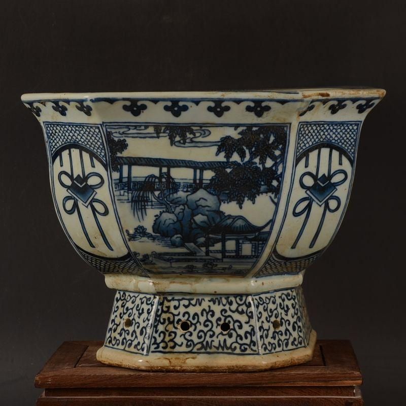 八方青花亭台楼高足鉢 景徳鎮 陶磁器 装飾品 現代工芸品 美術品 置物 青花開窓庭楼四方高脚鉢 陶磁器 装飾品 現代工芸品美術品 置物