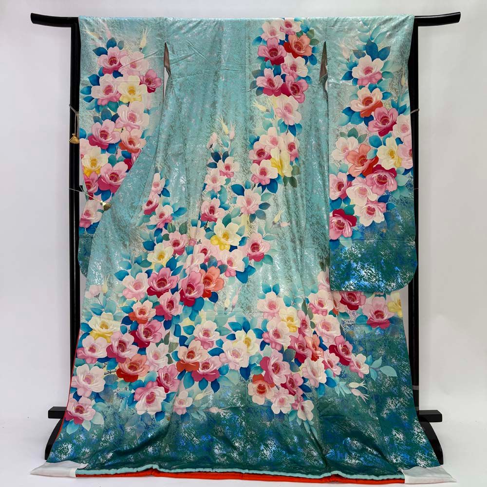 本振袖 引き振袖 正絹 水色 花柄 古典 刺繍 結婚式 裄64.5cm Bランク
