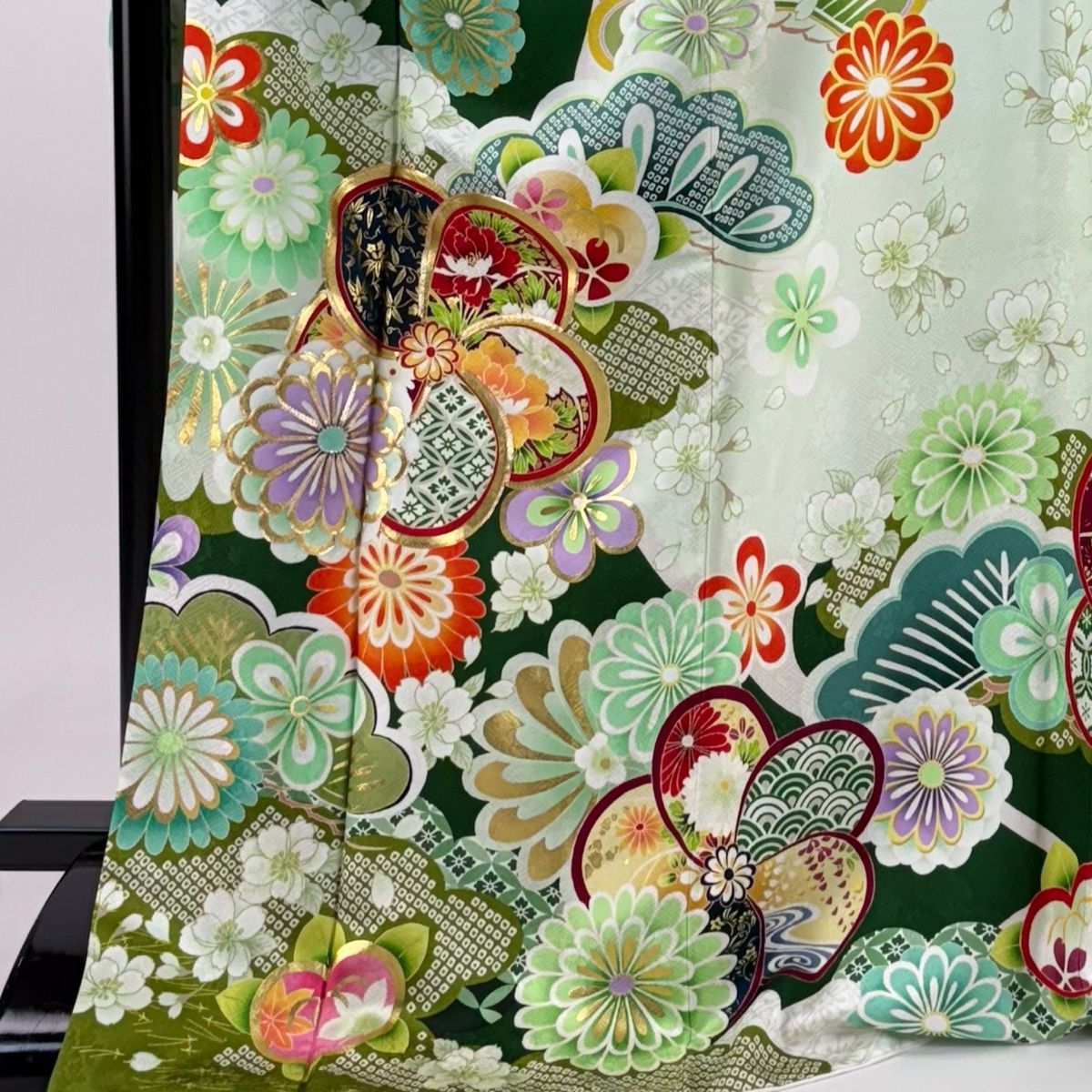 振袖 身丈175cm 裄丈69cm L 袷 ねじ梅 菊 金銀糸 金彩 深緑 正絹