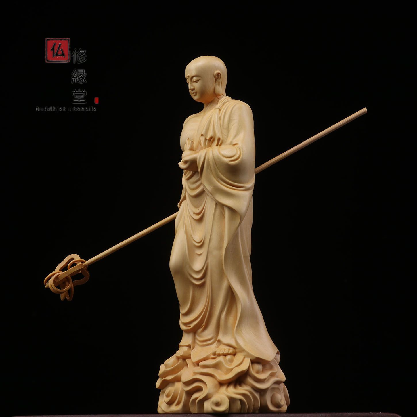 修縁堂】極上彫 木彫り 仏像 地蔵菩薩座像 彫刻 仏教工芸品 柘植材