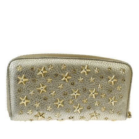 星 スタッズ　ジミーチュウ　ラインストーン レザー　ファスナー 長財布　ゴールド 中古】 ジミーチュウ JIMMY CHOO ラウンドファスナー 長財布 星型