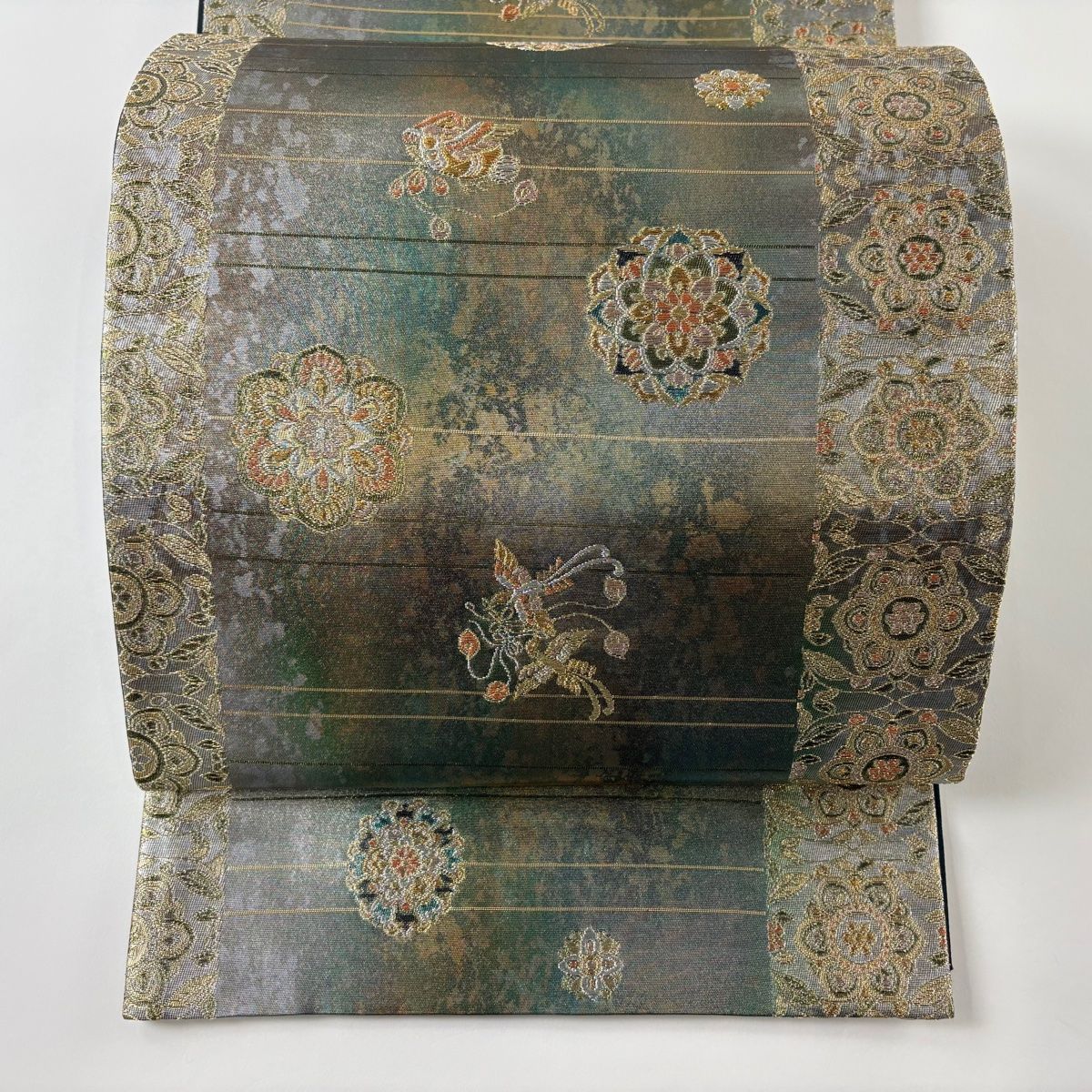正絹 花鳥模様引箔六通 袋帯 新品