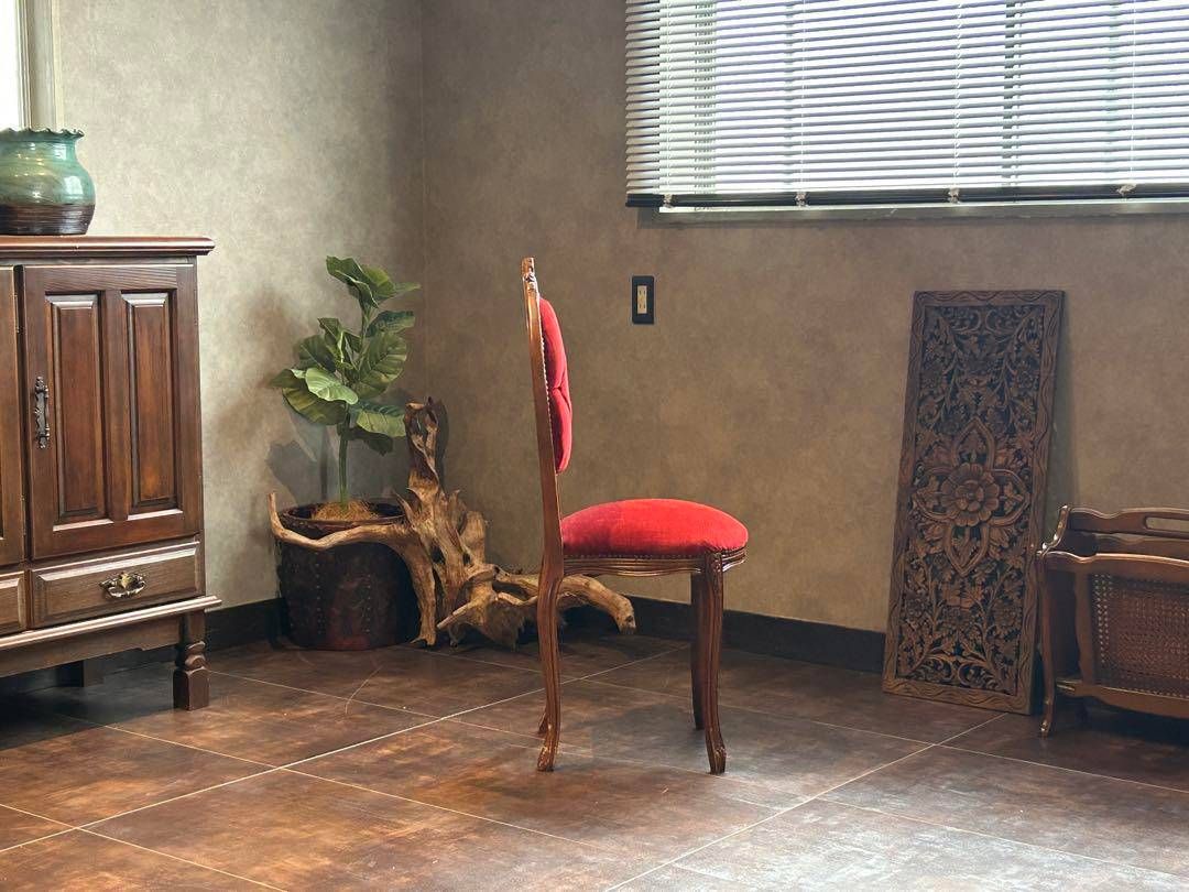 希少猫脚クラシックアンティークチェア木彫りレッドボタンダウンSZ