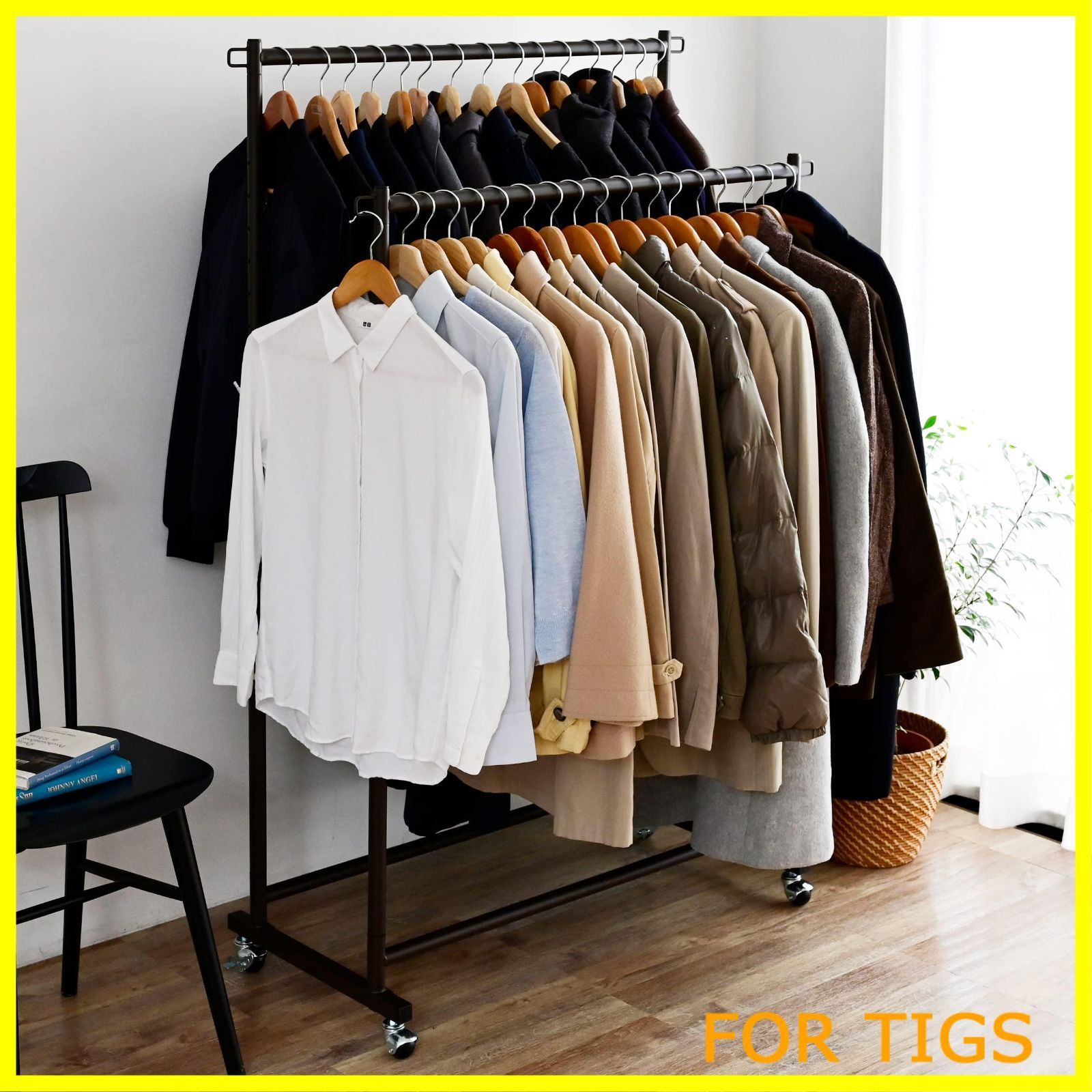 【数量限定】[山善] ハンガーラック 頑丈 キャスター付き ダブル 幅91.5×奥行43×高さ109.5/114～169cm(5cmピッチ12段階) 全体耐荷重80㎏ 高荷重でも動かしやすい 大容量 衣類収納 組立品 ダークブラウン DDSH-W(DBR)