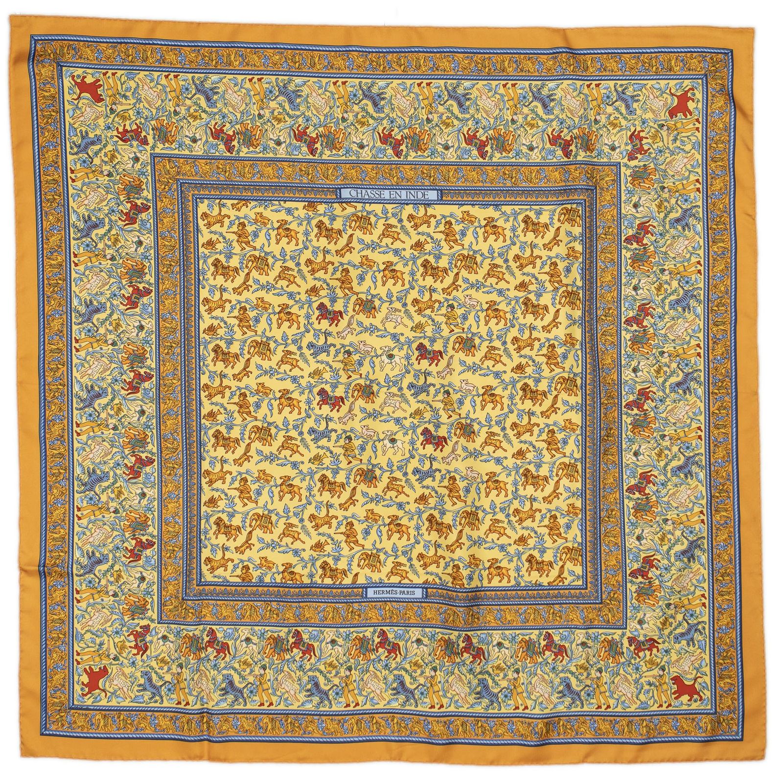 HERMES エルメススカーフオレンジ 青 黄色 ツイルシルクA