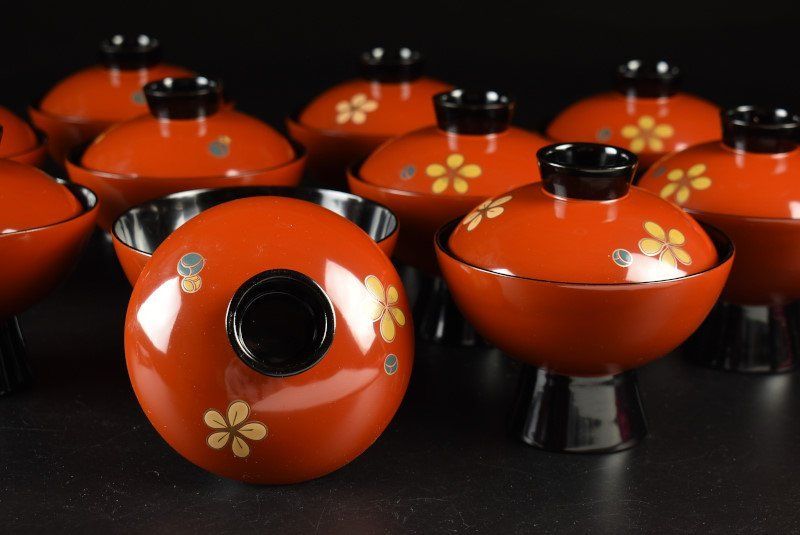 蔵C9459b 輪島塗 朱塗蒔絵 吸物椀 十客 共箱