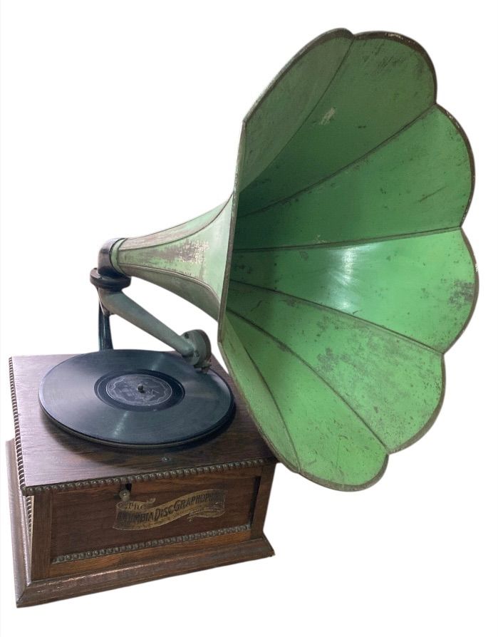 蓄音機 ラッパ状ホーン木製箱手回し式レコード コロンビア