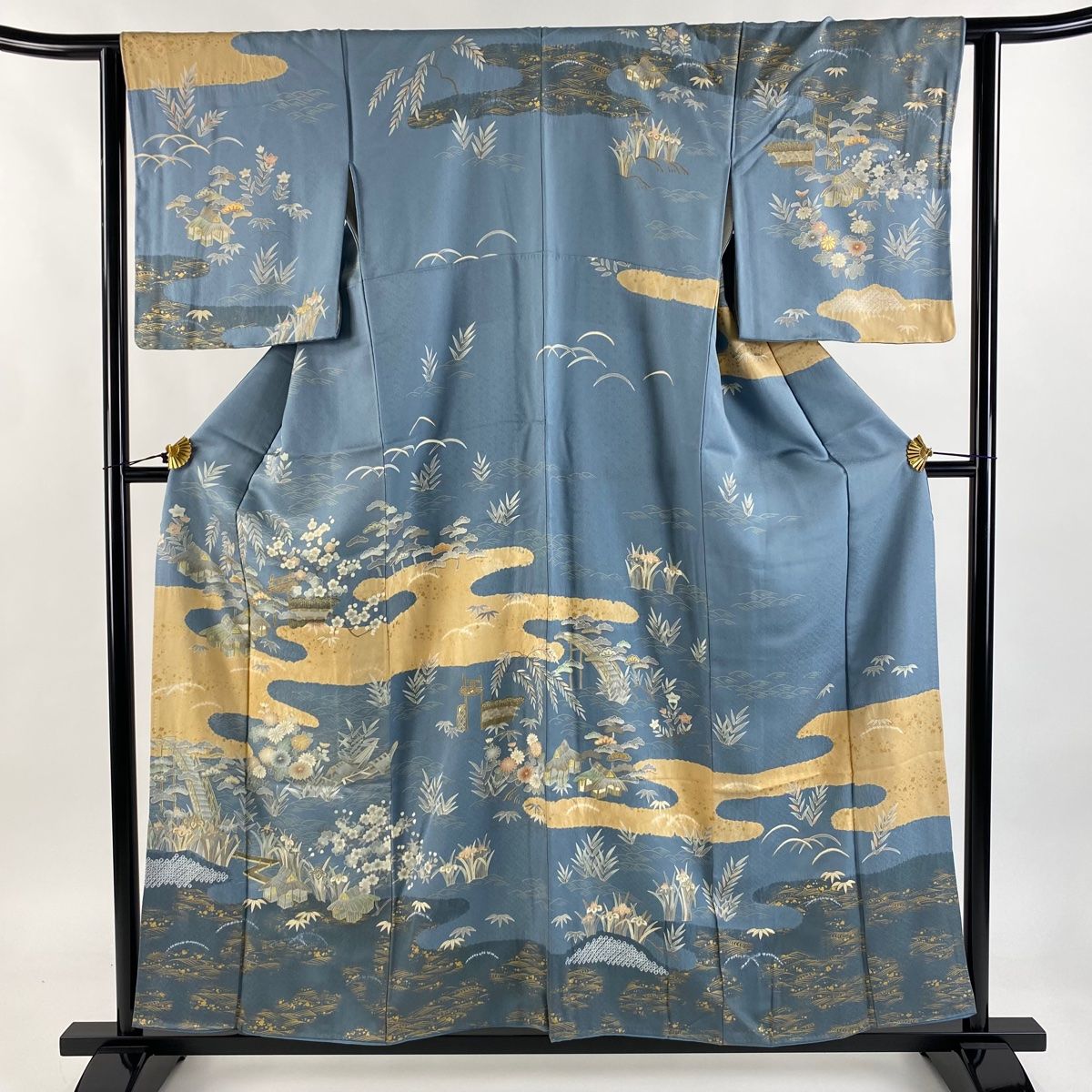 訪問着 身丈158cm 裄丈62.5cm S 袷 家屋 松竹梅 金彩 絞り 青灰色 正絹 秀品