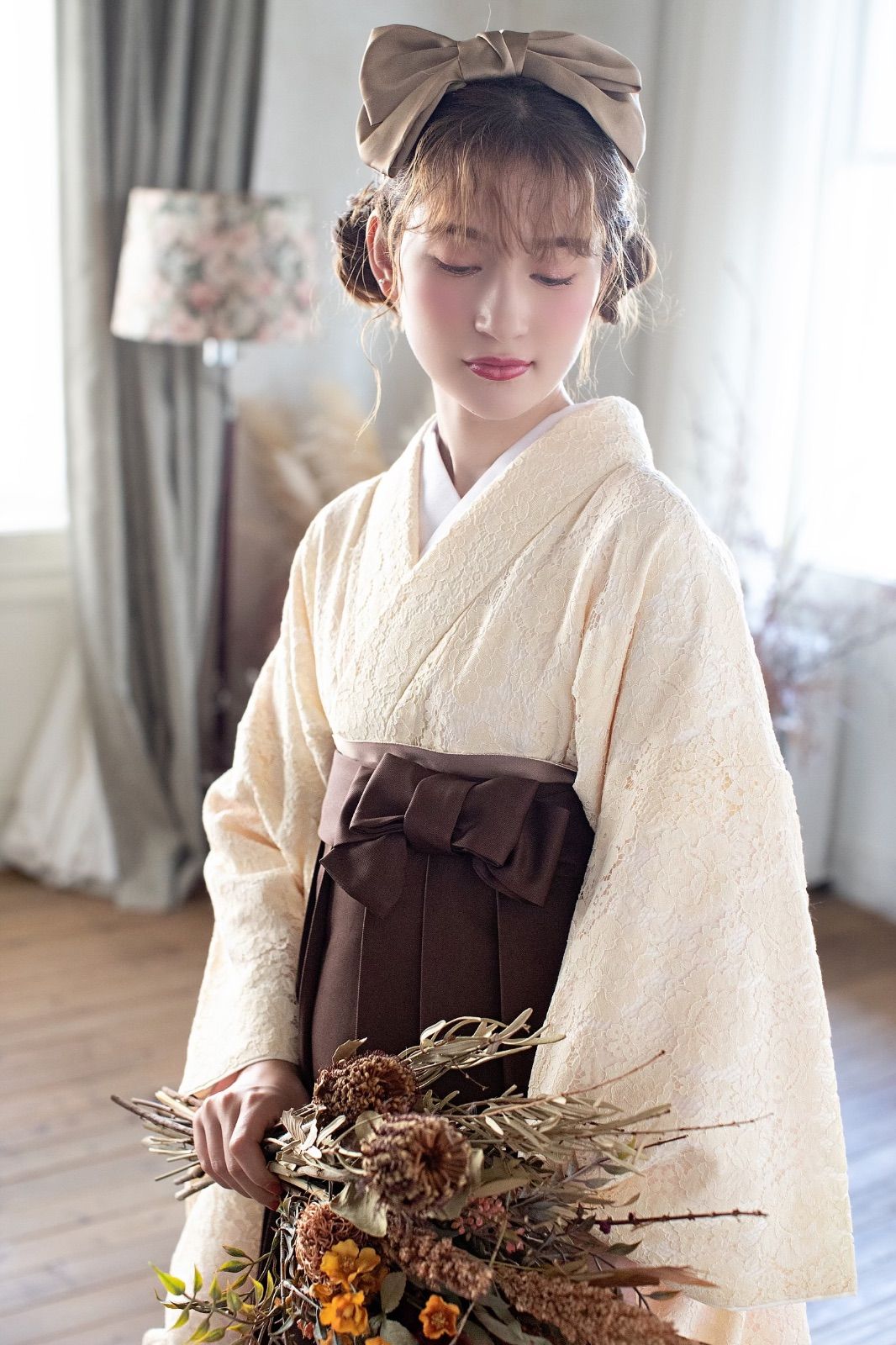 着物ジェンヌ 卒業式袴 袴セット 薔薇 エンジ 袴 二尺袖着物カラーオフホワイト