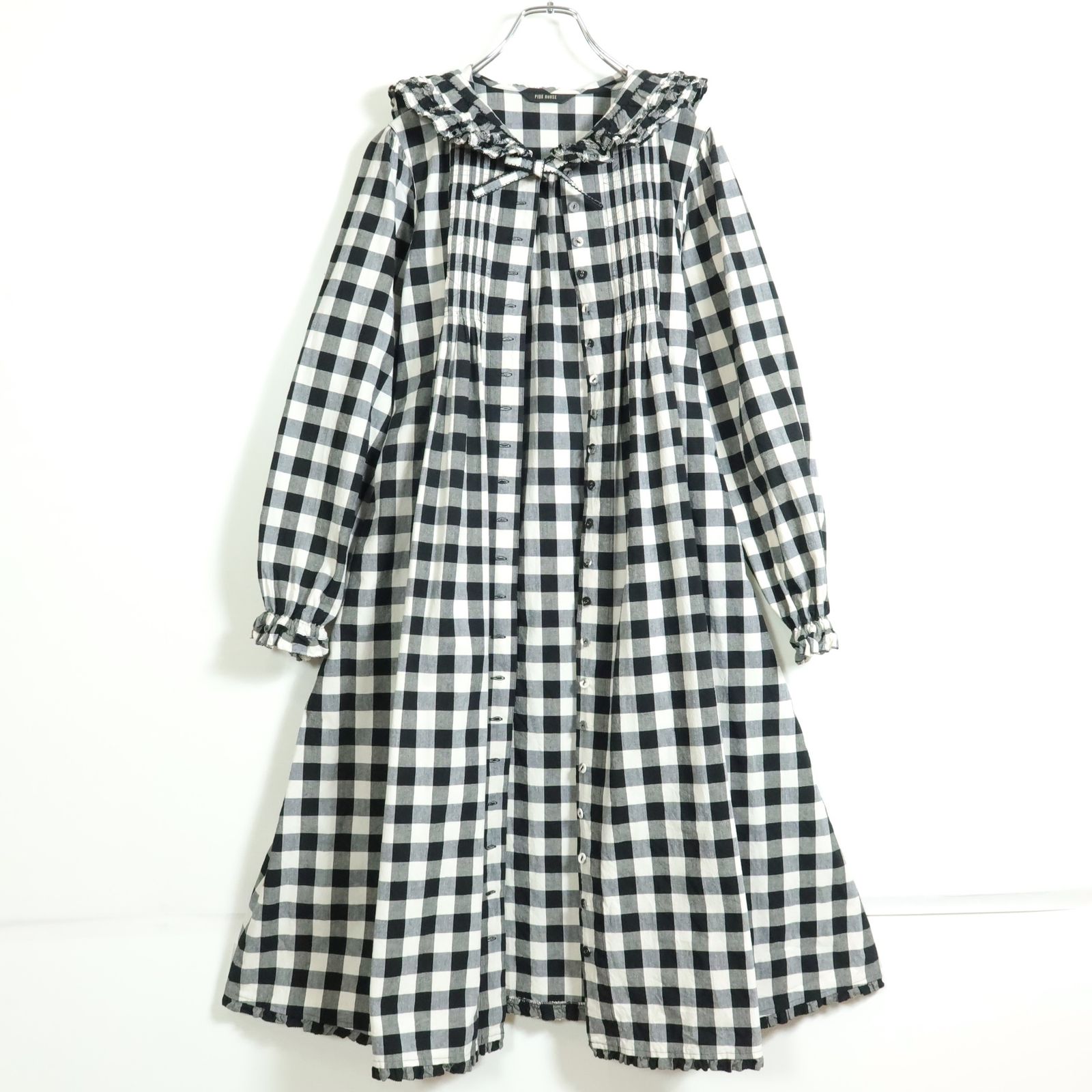 ピンクハウス 黒×白ギンガムチェック 豪華ワンピース/クリーニング済み ピンクハウス 黒×白ギンガムチェック 豪華ワンピース
