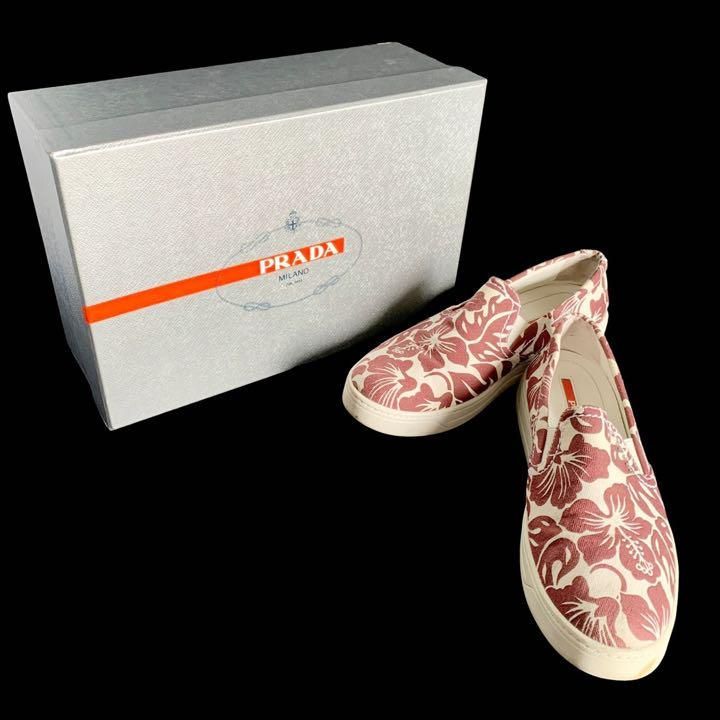 PRADA プラダ 3S5802 スリッポン 靴 ハイビスカス柄 キャンバス 