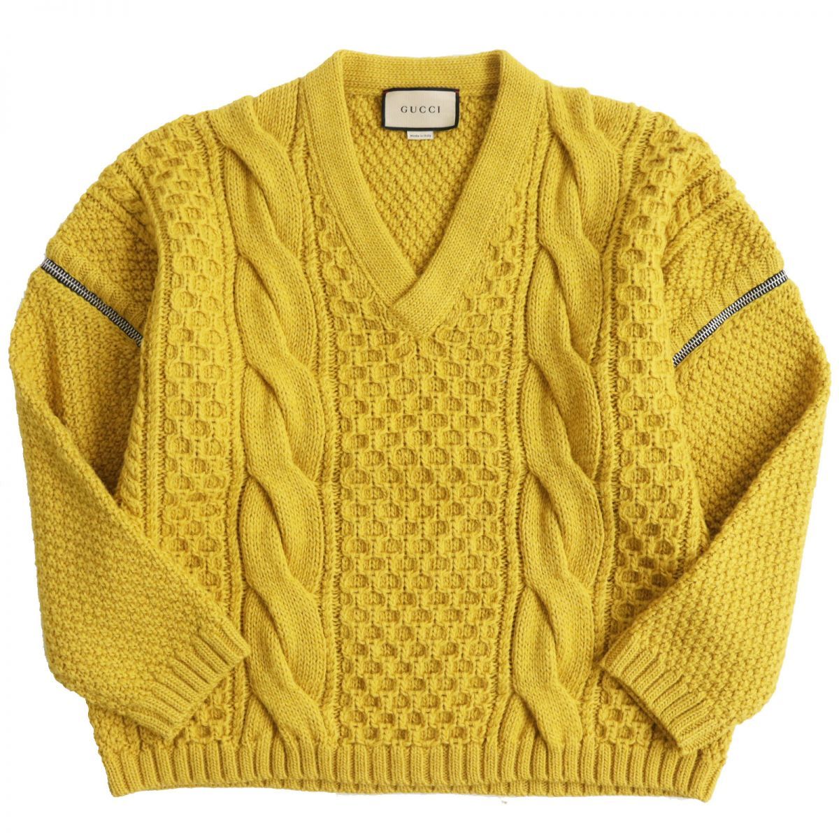 極美品21AW GUCCI グッチ 673684 ウール100％ デタッチャブルスリーブ Vネック 2WAY ケーブルニット/セーター S マスタード 伊製 正規品