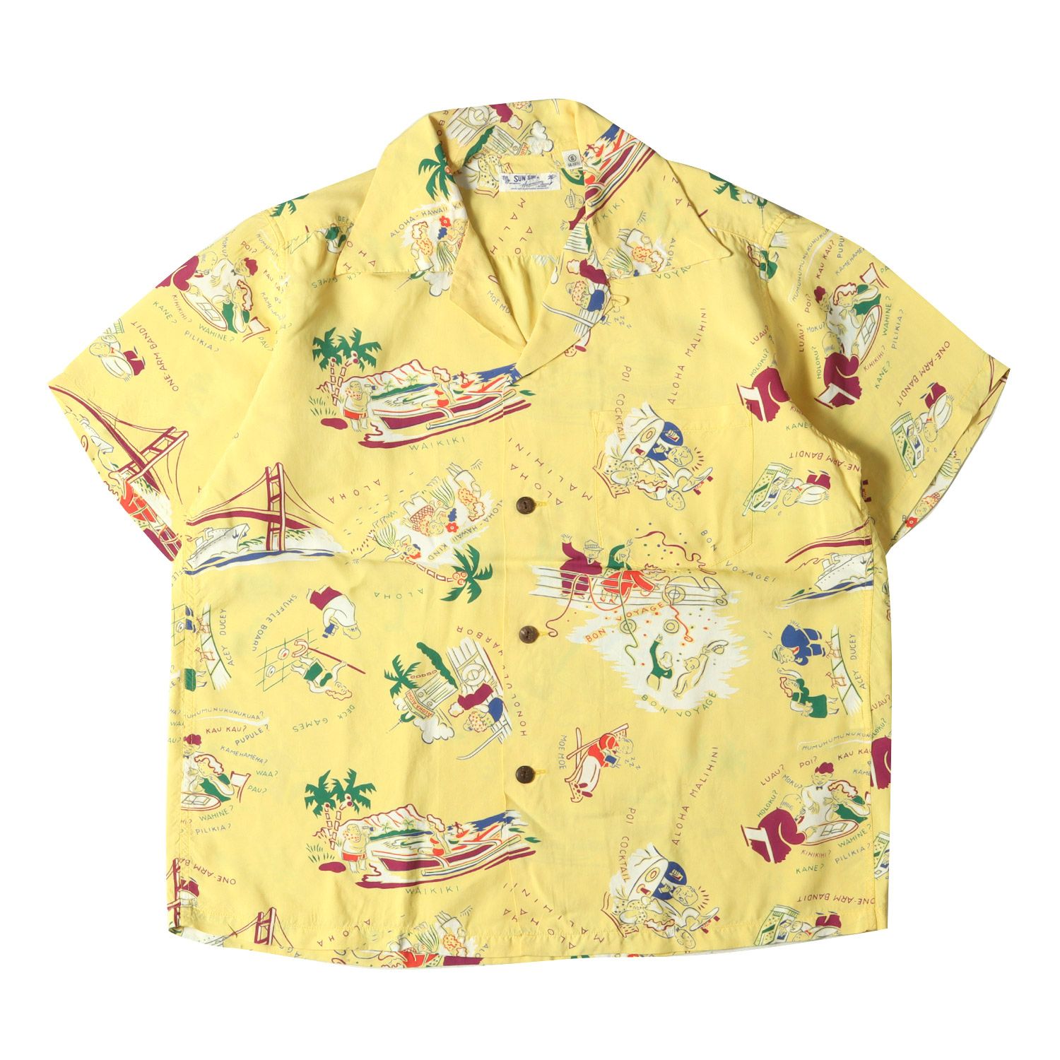 SUN SURF サンサーフ シャツ サイズ:S 09SS ハワイバケーション柄 レーヨン アロハシャツ BON VOYAGE イエロー 東洋 トップス ハワイアンシャツ カジュアル 半袖【メンズ】