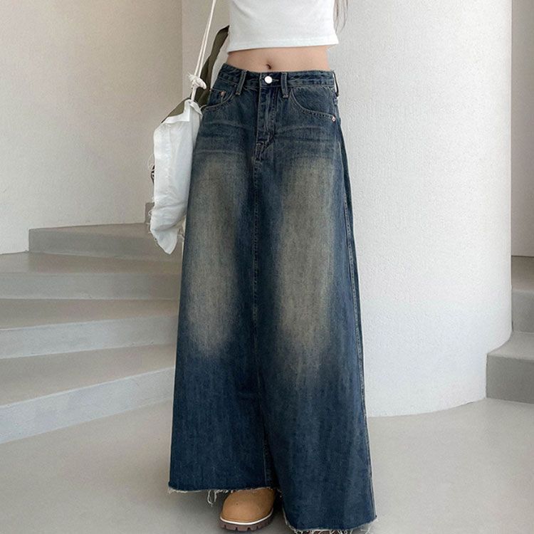 デニム ハイウエスト ロングスカート グレー ダブルウエスト Denim スカート