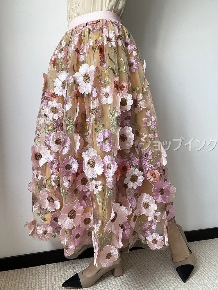 スカート フローラル プリーツチュールスカート 刺繍入り フラワー 花飾り エレガント パーティーウェア 豪華