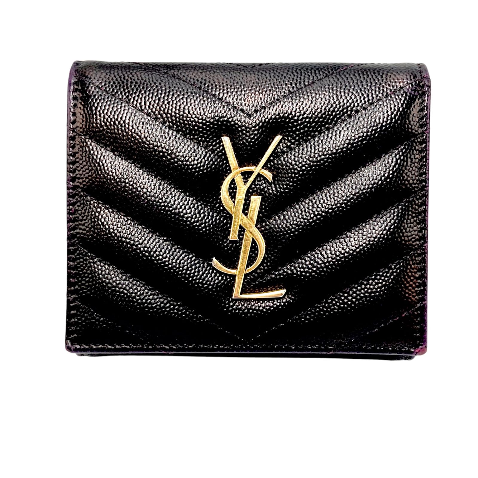 真贋判定済 YSL イヴサンローラン Vステッチ三ツ折リ財布 362672 ブラック×ピンク ウォレット B03267PKGR