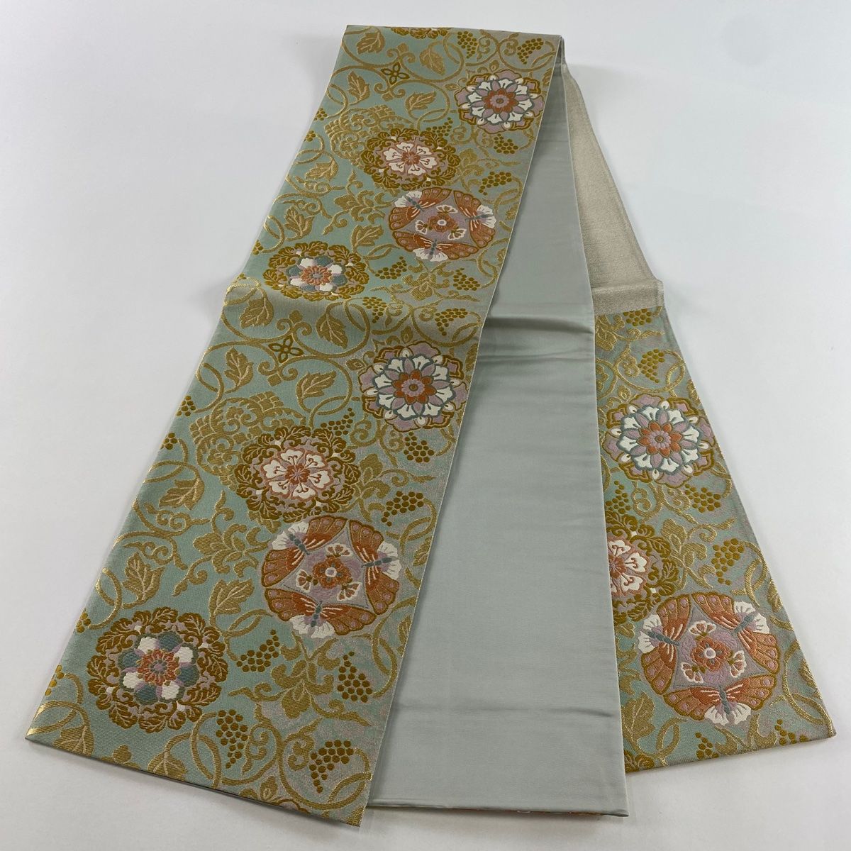 袋帯 美品  華文　六通 正絹 袋帯 美品 秀品 華文 桐 刺繍 箔 金色 六通 正絹 【中古