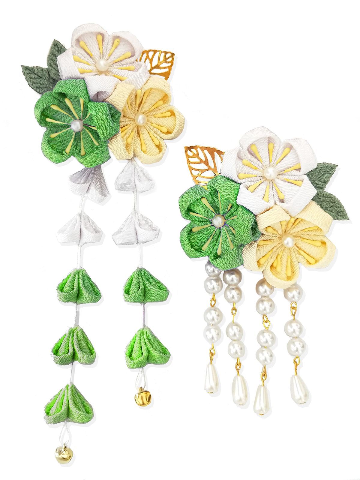 大人気　手作り 鈴付き 結婚式 赤 卒業式 花 黄 つまみ細工 和装 紫 振袖 ピンク 着物 袴 グレー 浴衣 七五三 白と青 成人式 髪飾り2点セット 6色 [JZOON]