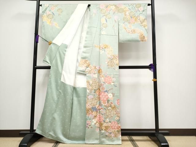 平和屋着物□極上 訪問着 駒刺繍 絞り 道長草花文 金彩 白緑色地 逸品