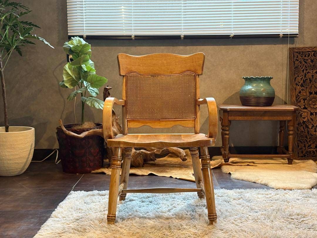 ナラ材　楢材　剥離家具　ストリップド家具　柏木工　アームチェア　ラタン　NZ ナラ材 楢材 剥離家具 ストリップド家具 柏木工 アームチェア