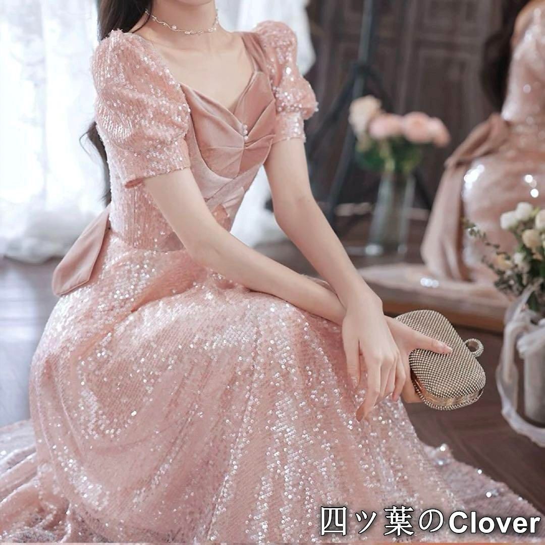 胸元リボンが可愛い 半袖のスパンコール イブニングドレス 胸元リボンが可愛い 半袖のスパンコール イブニングドレス 胸元の